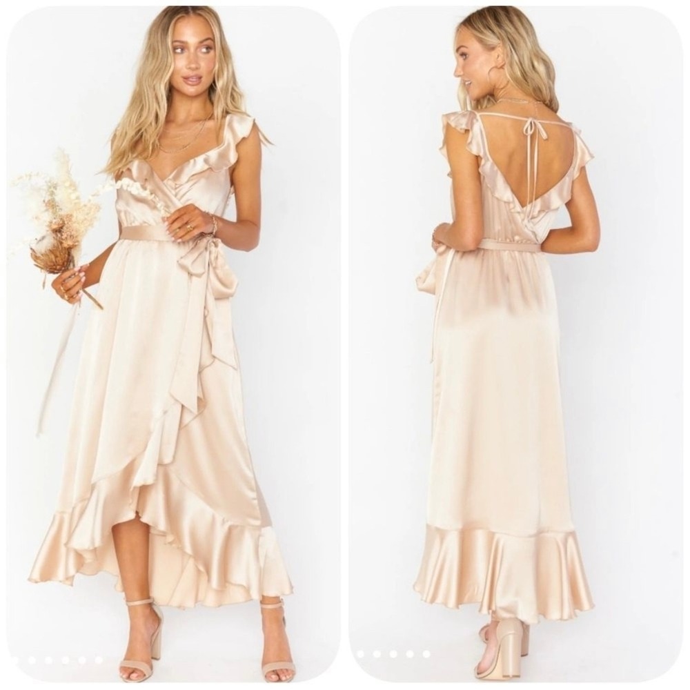 show me your mumu samantha ruffle midi dress champagne luxe satin, women small